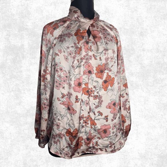 Liz Claiborne Floral Bow Neck Blouse – XL – Long Sleeve Blush Pink Top - Picture 5 of 6